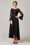 Sparkly Black Boat Neck A Line High-Low Mother of the Bride Dress with Lace