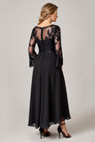 Sparkly Black Boat Neck A Line High-Low Mother of the Bride Dress with Lace