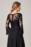 Sparkly Black Boat Neck A Line High-Low Mother of the Bride Dress with Lace