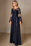 Sparkly Navy Long Sleeves A Line Maxi Mother of the Bride Dress