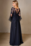 Sparkly Navy Long Sleeves A Line Maxi Mother of the Bride Dress