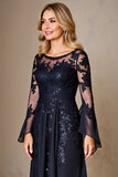 Sparkly Navy Long Sleeves A Line Maxi Mother of the Bride Dress