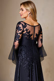 Sparkly Navy Long Sleeves A Line Maxi Mother of the Bride Dress