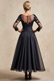 Black A Line Boat Neck Maxi Mother of the Bride Dress with Appliques