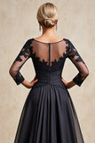 Black A Line Boat Neck Maxi Mother of the Bride Dress with Appliques