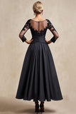 Black A Line Boat Neck Maxi Mother of the Bride Dress with Appliques
