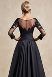 Black A Line Boat Neck Maxi Mother of the Bride Dress with Appliques