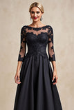Black A Line Boat Neck Maxi Mother of the Bride Dress with Appliques