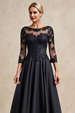 Black A Line Boat Neck Maxi Mother of the Bride Dress with Appliques