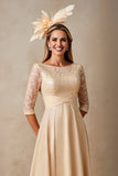 Champagne A Line Boat Neck Maxi Mother of the Bride Dress with Lace