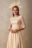 Champagne A Line Boat Neck Maxi Mother of the Bride Dress with Lace