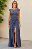 Twilight Boat Neck Ruched Maxi Mother of the Bride Dress with Slit