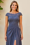 Twilight Boat Neck Ruched Maxi Mother of the Bride Dress with Slit