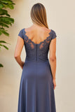Twilight Boat Neck Ruched Maxi Mother of the Bride Dress with Slit
