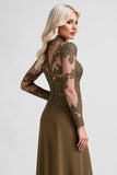 Olive Sheath Long Sleeves Maxi Mother of the Bride Dress with Lace