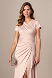 Apricot V-Neck Ruched Sheath Maxi Mother of the Bride Dress with Slit