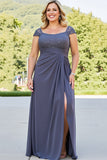 Plus Size Steel Grey Ruched Maxi Mother of the Bride Dress with Slit