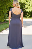 Plus Size Steel Grey Ruched Maxi Mother of the Bride Dress with Slit