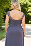 Plus Size Steel Grey Ruched Maxi Mother of the Bride Dress with Slit
