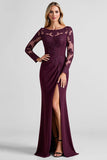 Grape Mermaid Long Sleeves Maxi Mother of the Bride Dress with Slit