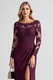Grape Mermaid Long Sleeves Maxi Mother of the Bride Dress with Slit