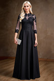 Black Illusion Neck A Line Satin Maxi Mother of the Bride Dress