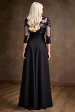 Black Illusion Neck A Line Satin Maxi Mother of the Bride Dress