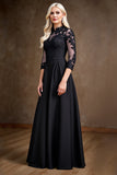 Black Illusion Neck A Line Satin Maxi Mother of the Bride Dress