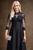 Black Illusion Neck A Line Satin Maxi Mother of the Bride Dress