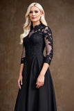 Black Illusion Neck A Line Satin Maxi Mother of the Bride Dress