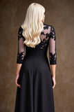 Black Illusion Neck A Line Satin Maxi Mother of the Bride Dress