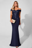 Sparkly Navy Mermaid Maxi Mother of the Bride Dress with Appliques