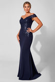 Sparkly Navy Mermaid Maxi Mother of the Bride Dress with Appliques
