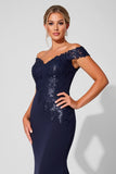 Sparkly Navy Mermaid Maxi Mother of the Bride Dress with Appliques