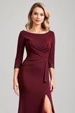Burgundy Satin Beaded Ruched Maxi Mother of the Bride Dress with Slit