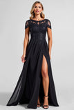 Black Boat Neck A Line Maxi Mother of the Bride Dress with Slit