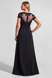 Black Boat Neck A Line Maxi Mother of the Bride Dress with Slit