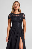 Black Boat Neck A Line Maxi Mother of the Bride Dress with Slit