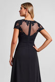 Black Boat Neck A Line Maxi Mother of the Bride Dress with Slit