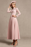 Candy Pink A Line Long Sleeves Maxi Mother of Bride Dress with Lace