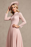 Candy Pink A Line Long Sleeves Maxi Mother of Bride Dress with Lace