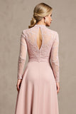Candy Pink A Line Long Sleeves Maxi Mother of Bride Dress with Lace