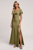 Olive Sheath V-Neck Satin Ruched Maxi Bridesmaid Dress with Slit