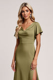 Olive Sheath V-Neck Satin Ruched Maxi Bridesmaid Dress with Slit