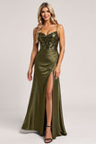 Sparkly Olive Spaghetti Straps Satin Maxi Bridesmaid Dress with Slit