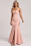 Blush Spaghetti Straps Mermaid Satin Maxi Bridesmaid Dress with Slit