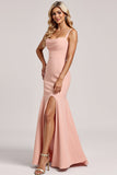 Blush Spaghetti Straps Mermaid Satin Maxi Bridesmaid Dress with Slit