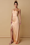 Champagne Sheath Satin Cowl Neck Maxi Bridesmaid Dress with Slit
