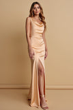 Champagne Sheath Satin Cowl Neck Maxi Bridesmaid Dress with Slit