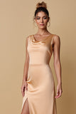 Champagne Sheath Satin Cowl Neck Maxi Bridesmaid Dress with Slit